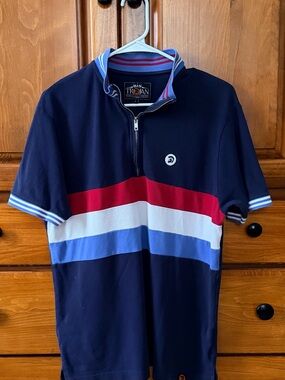 Trojan Records Navy Short-Sleeve Zip Polo with Red, White & Blue Stripes